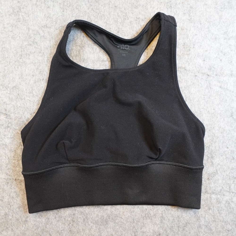 Alo Bra Women Extra Small Black Serenity Y Back Racerback Ribbed Band Activewear